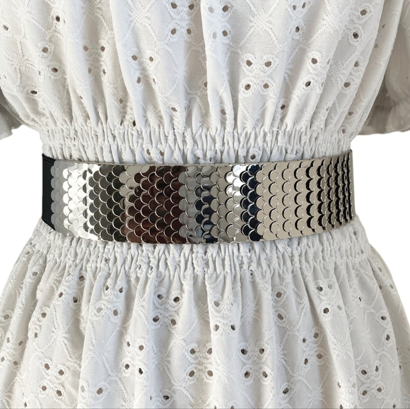 Silver metal fish scale stretch black elastic Disco shiny wide waist dress belt - Picture 1 of 15